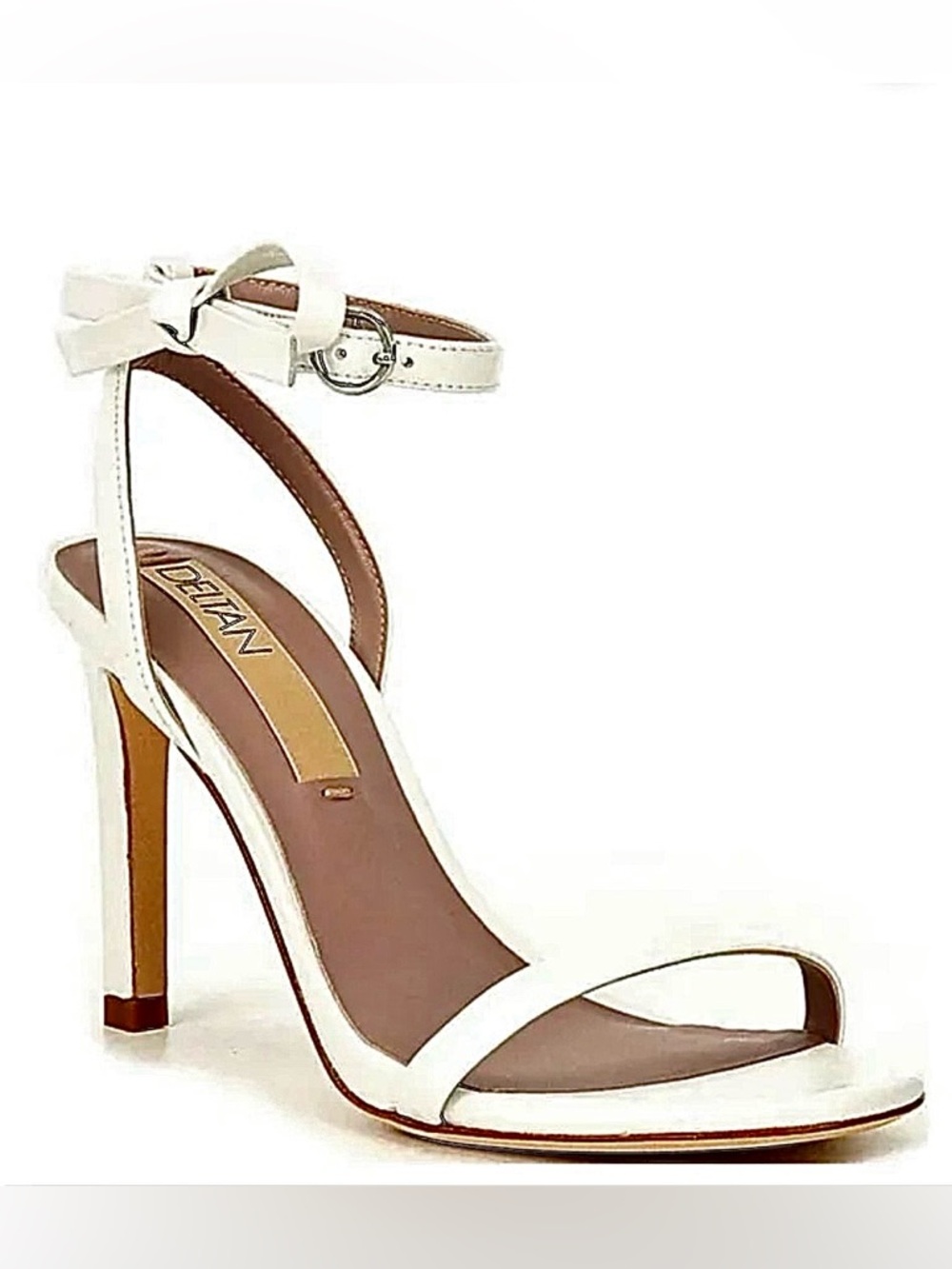DELTAN Miranda White Leather Bow Ankle Strap Stiletto Sandals 9.5 NWOB